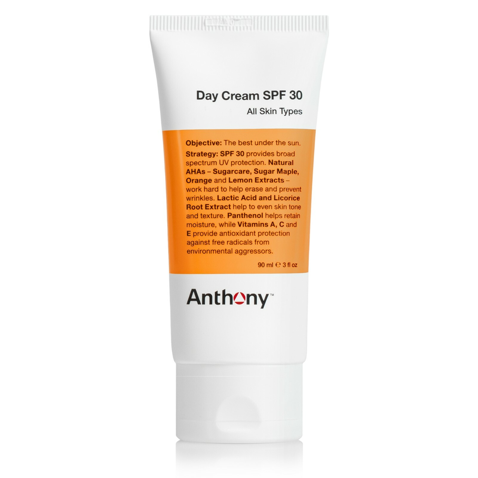 Anthony Day Cream SPF 30, 3 Fl Oz, Contains Squalane, Glycerin, Soy and Vitamin