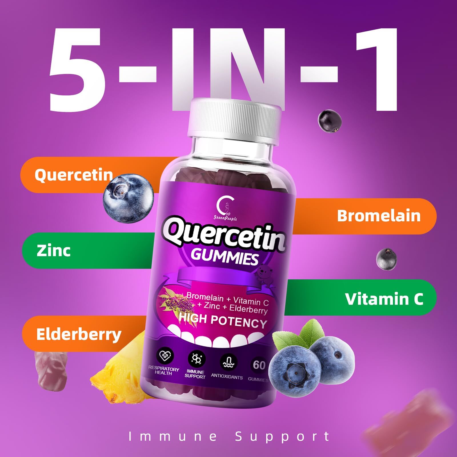QUERCETIN GUMMIES Adults Kids with Vitamin C Zinc 60ct 2 Pack GPGP GREENPEOPLE
