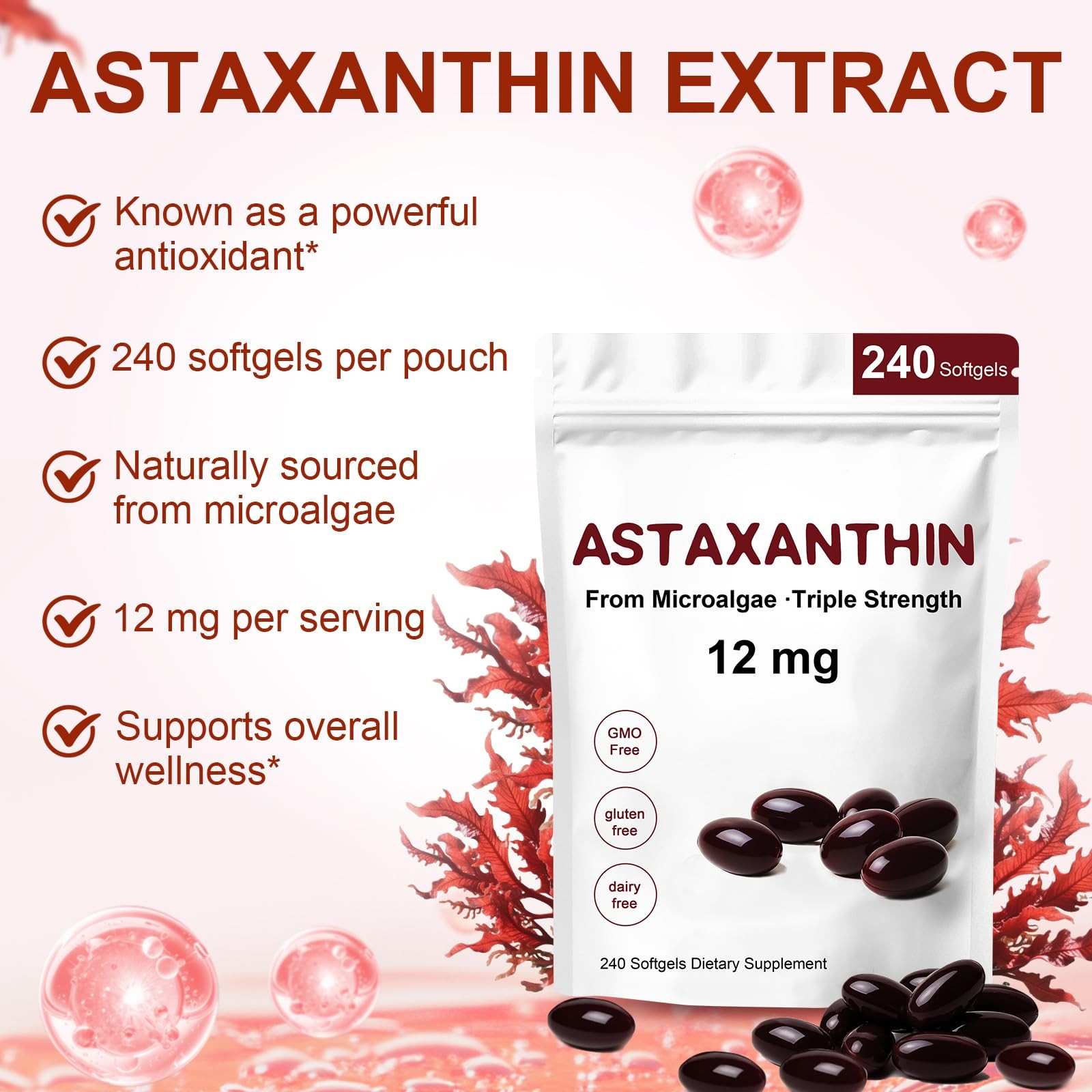 Astaxanthin 12mg, Premium 240 Count (Pack of 1), Unflavored
