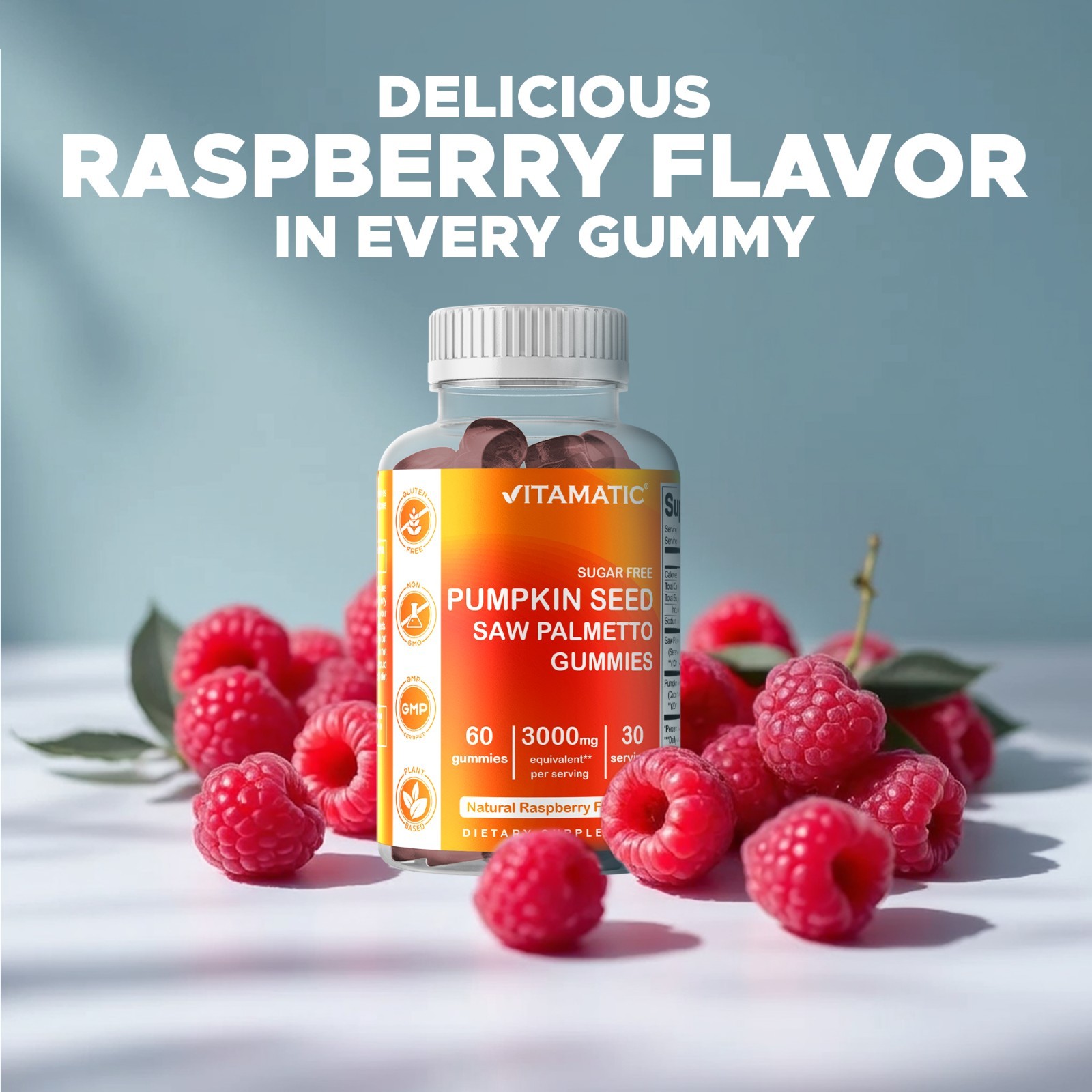 Vitamatic 2 Packs Sugar Free Pumpkin Seed Gummies Natural Raspberry Flavor-60 ct