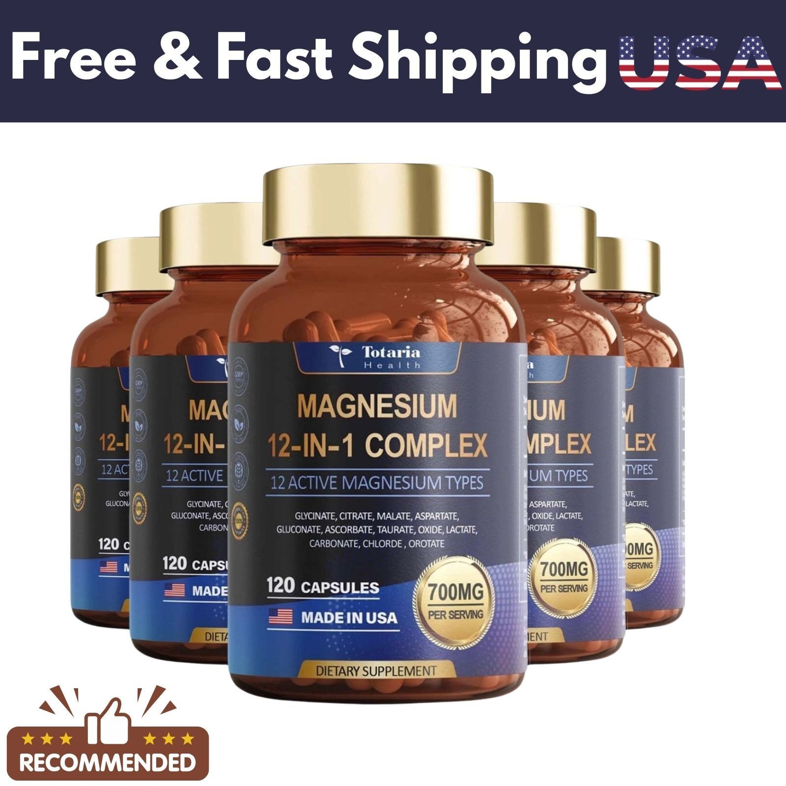 5 PACK Magnesium 12 in 1 Complex 700mg -Dietary Supplement 120 capsules US