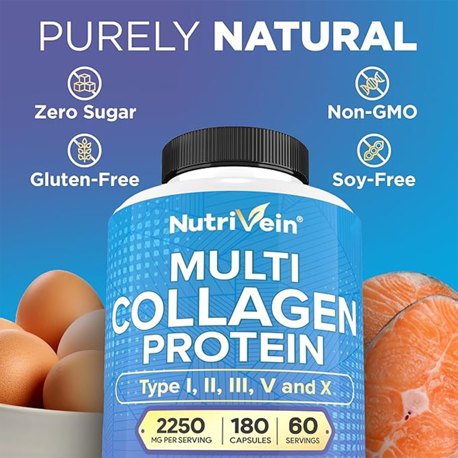 Nutrivein Multi Collagen Pills 2250mg – 180 Capsules – Hair, Skin, Nails, Bones