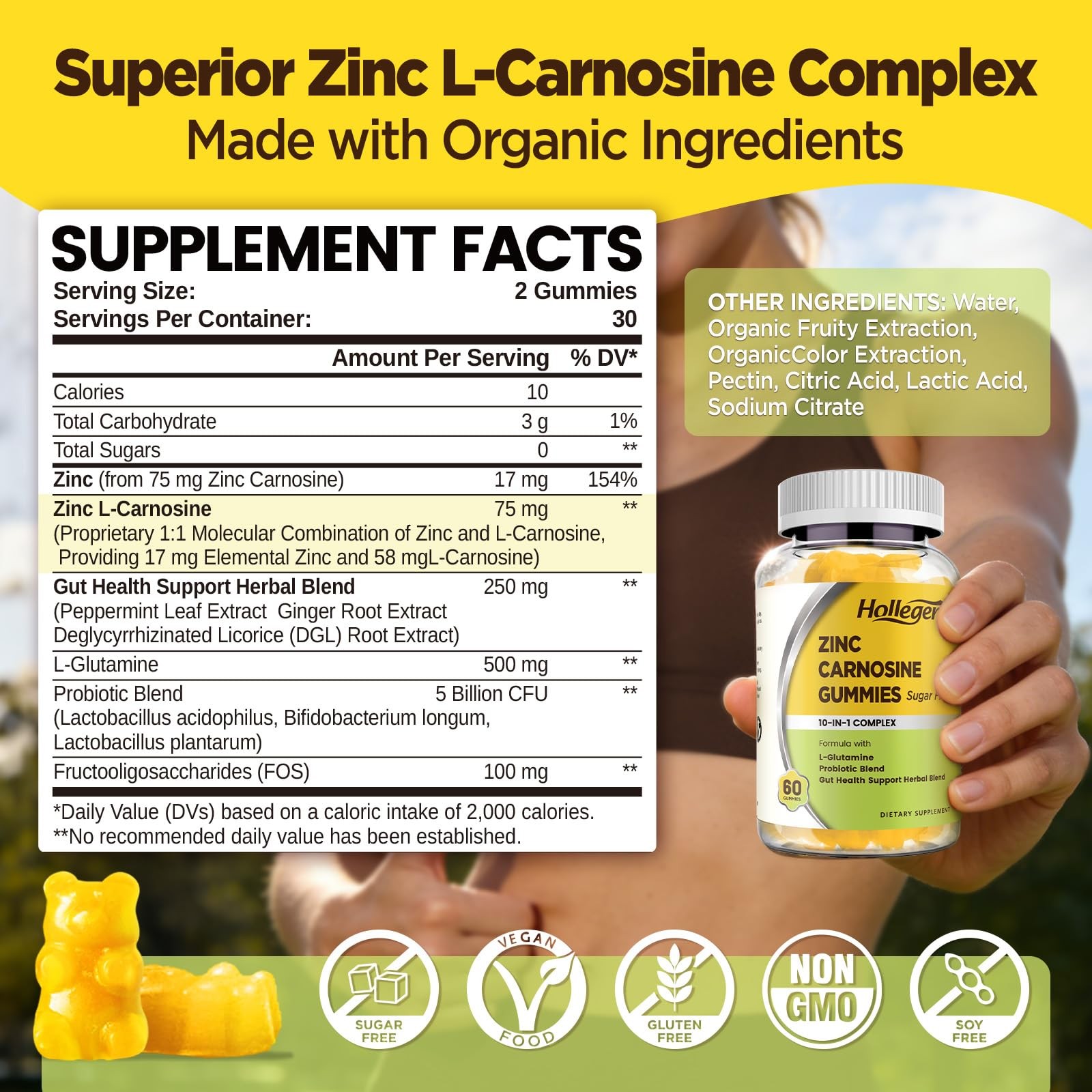 Zinc Carnosine Supplement 75mg with 500mg L-Glutamine & 5B CFU Probiotics – Gut