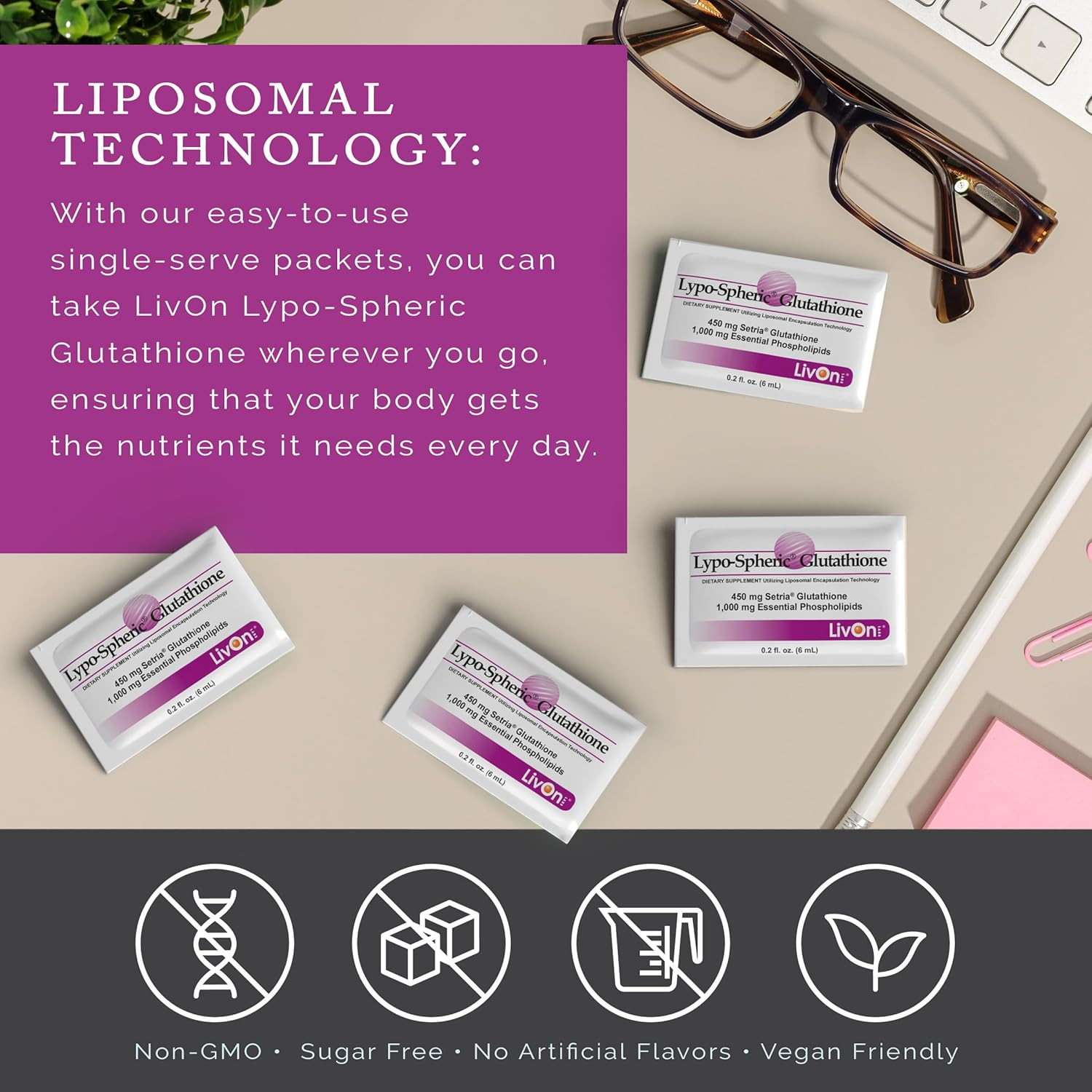 Lypo-Spheric Glutathione – 30 Packets – 450 Mg Glutathione per Packet – Liposome