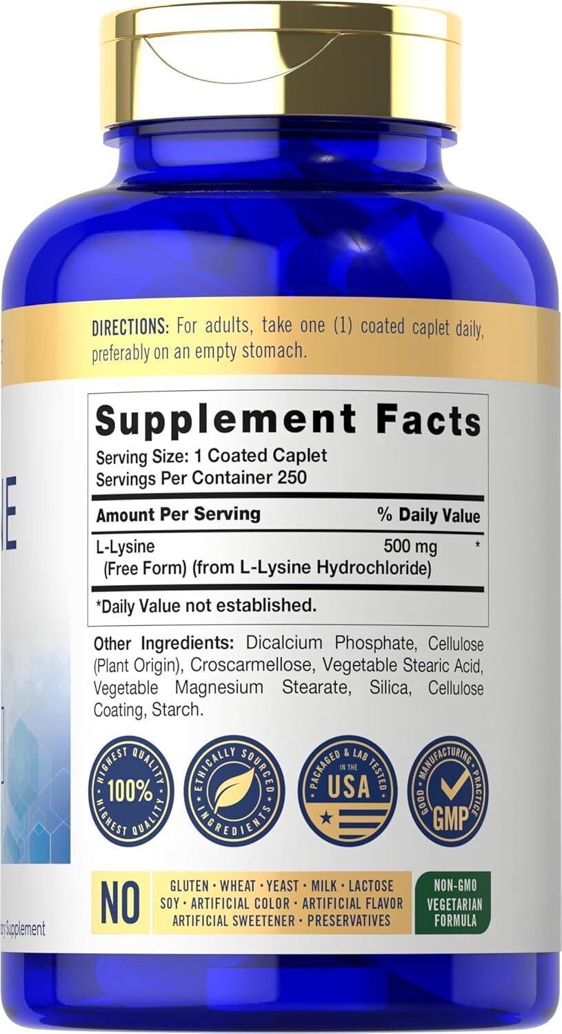 L-Lysine 500mg | 250 Caplets | Amino Acid Supplement | Vegetarian | by Carlyle