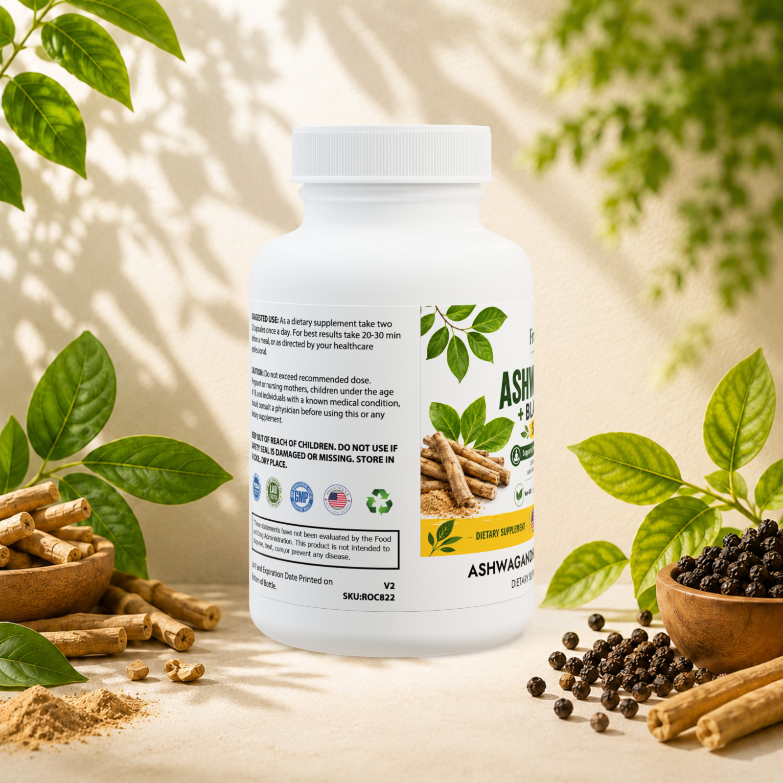 Ashwagandha Black Pepper Supplement 60 Capsules Stress Support Vegan Non-GMO