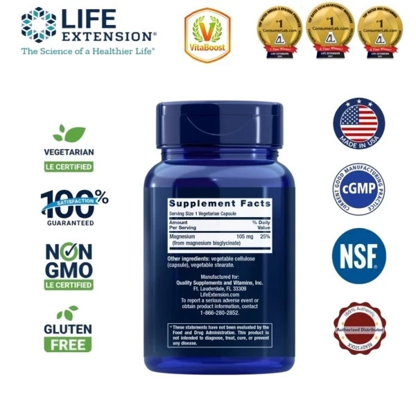 Life Extension Magnesium Glycinate, Heart Health, Bone Health, 90vegcaps