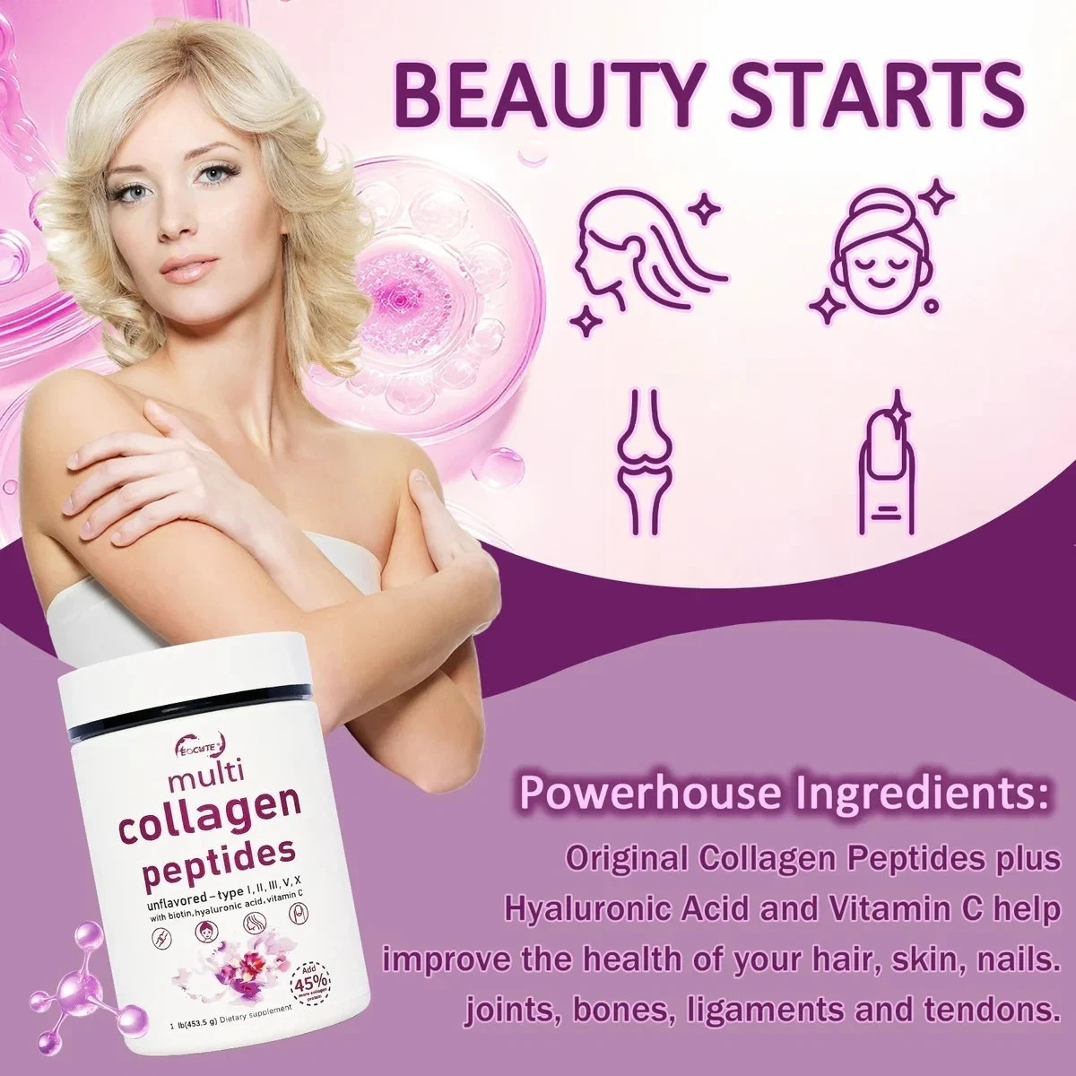 1LB Multi Collagen Peptides Powder–Hydrolyzed Protein with Type I, II, III, V, X