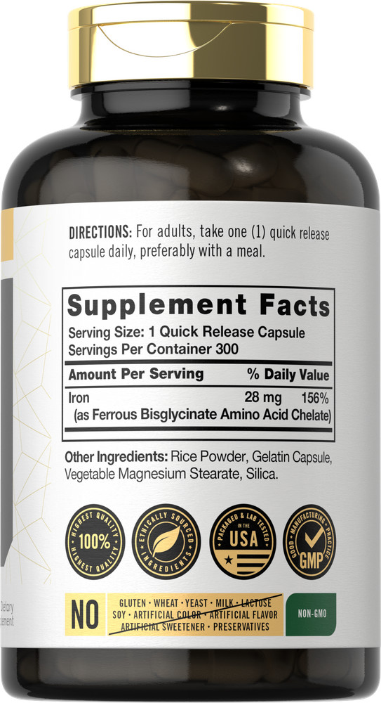 Easy Iron | 28 mg | 300 Capsules | Non-GMO | Gentle On Your Stomach | by Carlyle