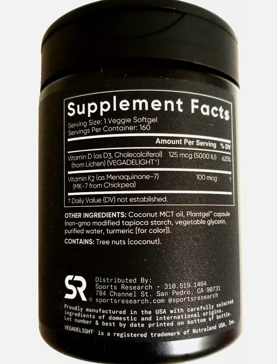 Sports Research Plant Based D3 (5,000 IU) + K2 (100 mcg)MK7 160 Gels EXP 08/2027