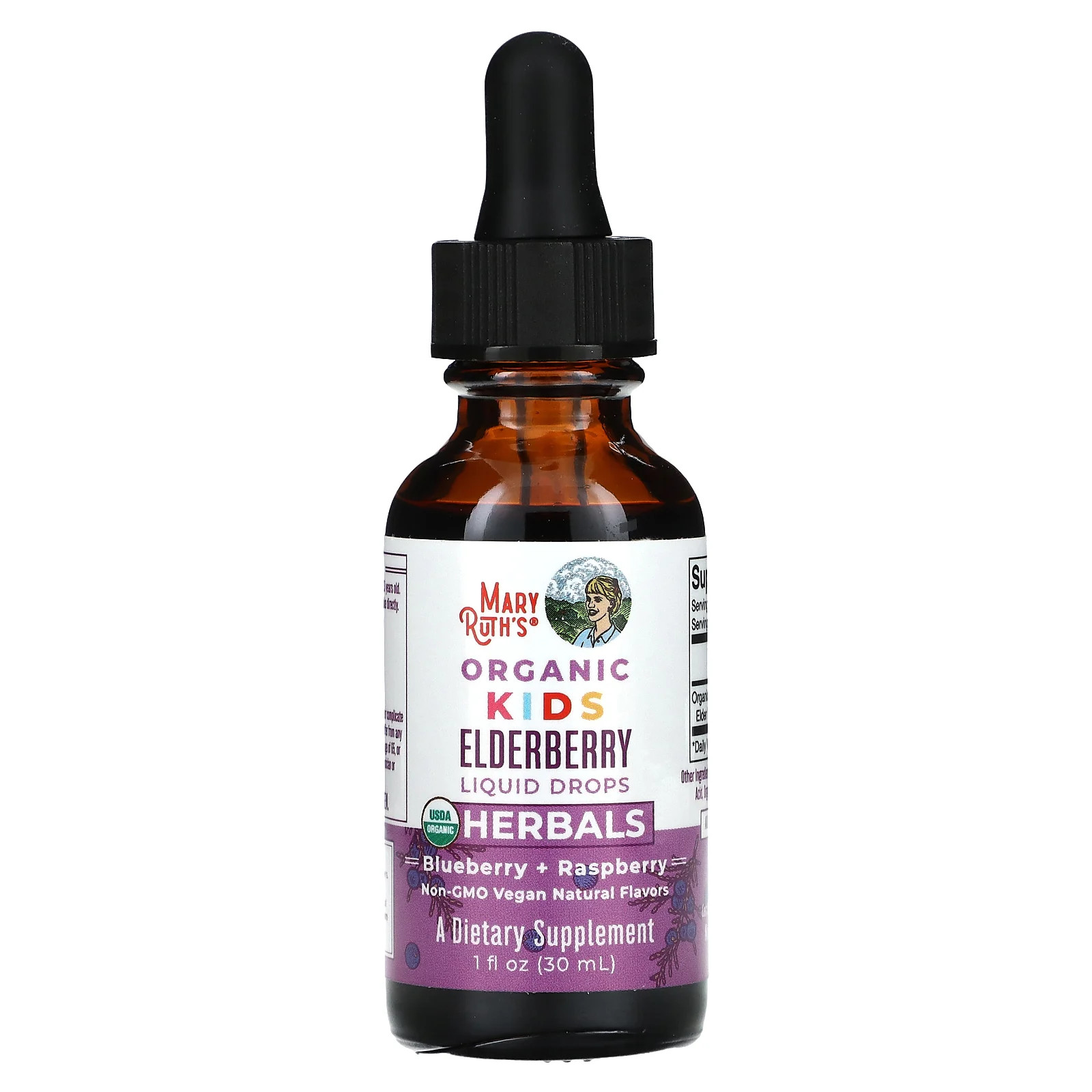 Organic Kids Elderberry Liquid Drops, 4-13 Years, Blueberry + Raspberry, 1 fl oz