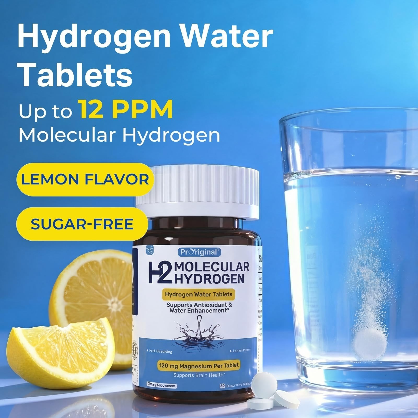 Proriginal Hydrogen Water Tablets – 120mg Magnesium – 60 Count – Lemon Flavor