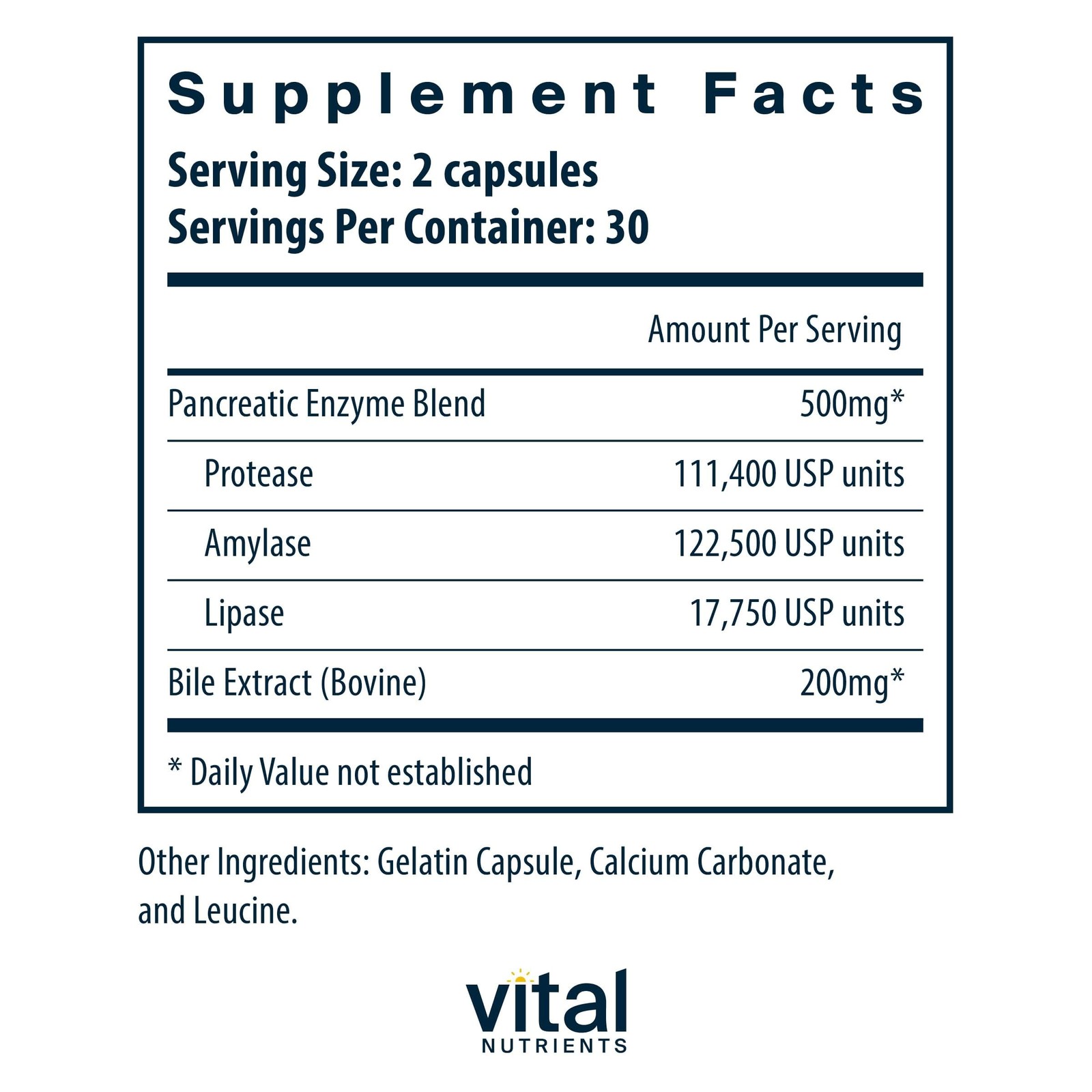 Vital Nutrients Pancreatin & Ox Bile Extract 500mg | 60 Count (Pack of 1)