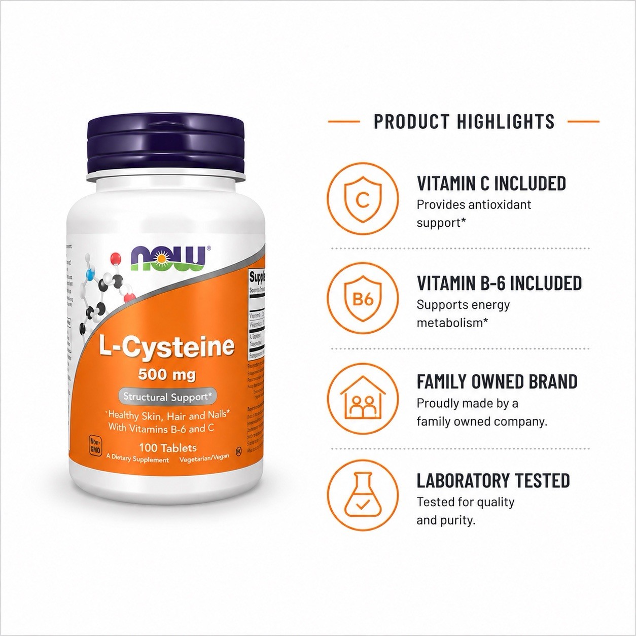 NOW L-Cysteine 500mg 100 Tablets Hair Skin Nails Antioxidant Detox Support