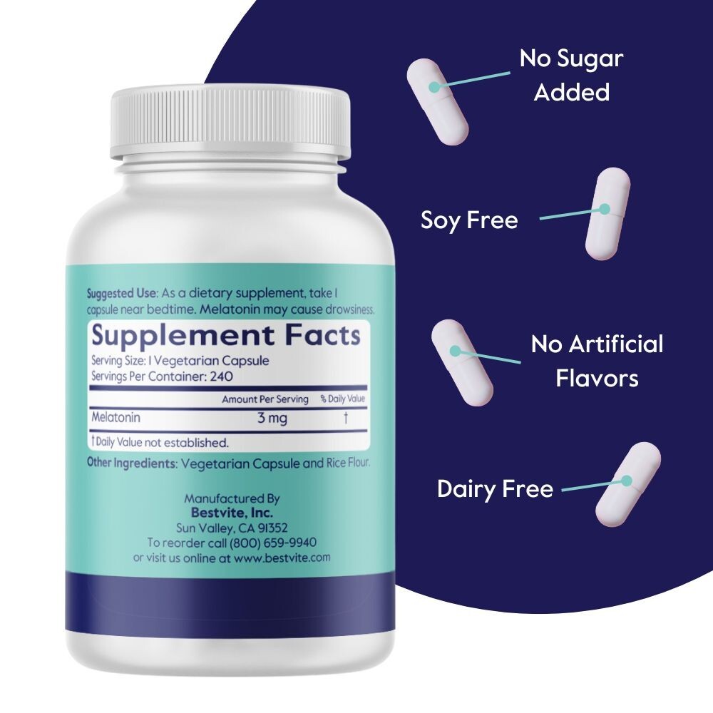 Melatonin 3mg (240 Vegetarian Capsules)-Easy to swallow capsule-Vegan