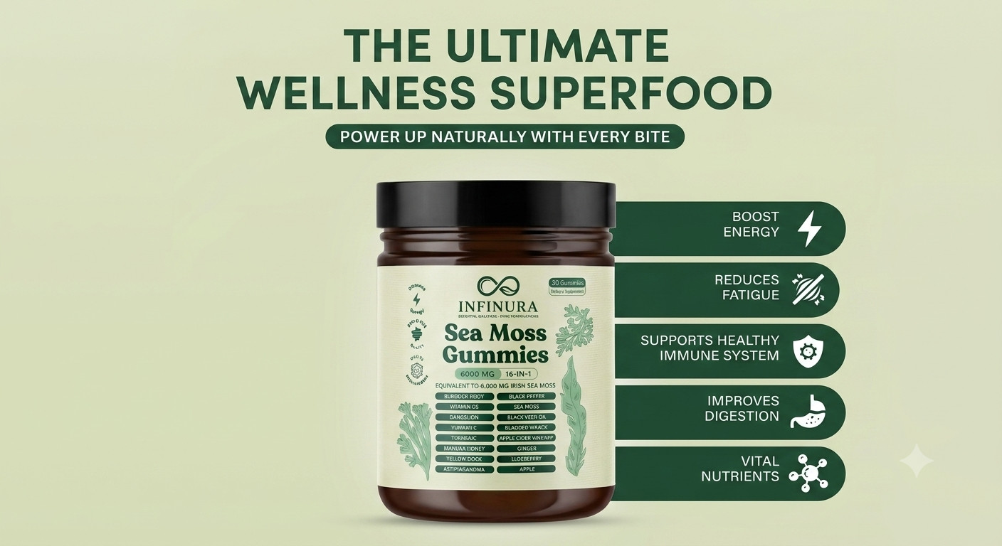 16-in-1 Irish Sea Moss Gummies 6000mg Green Apple Daily Wellness Supplement 30 C