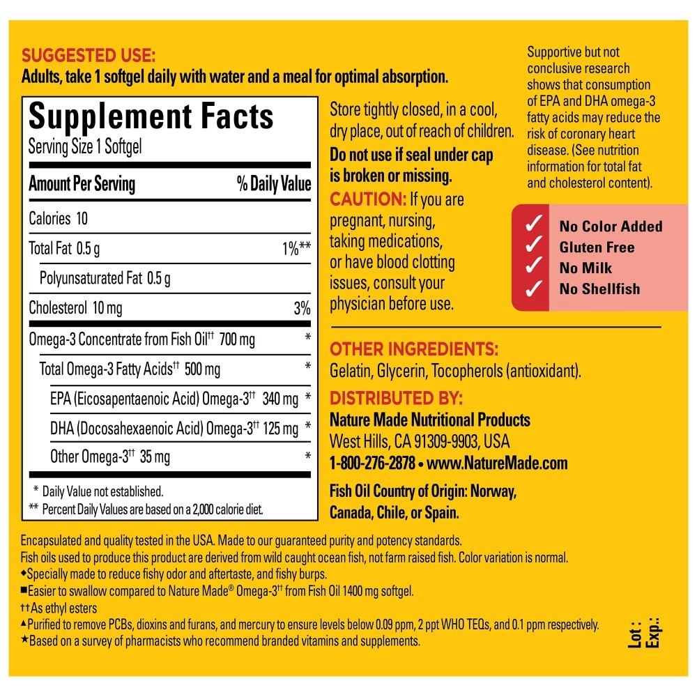 Nature Made Burp Less Omega 3 Fish Oil Supplements 700 mg Softgels, 120 Count
