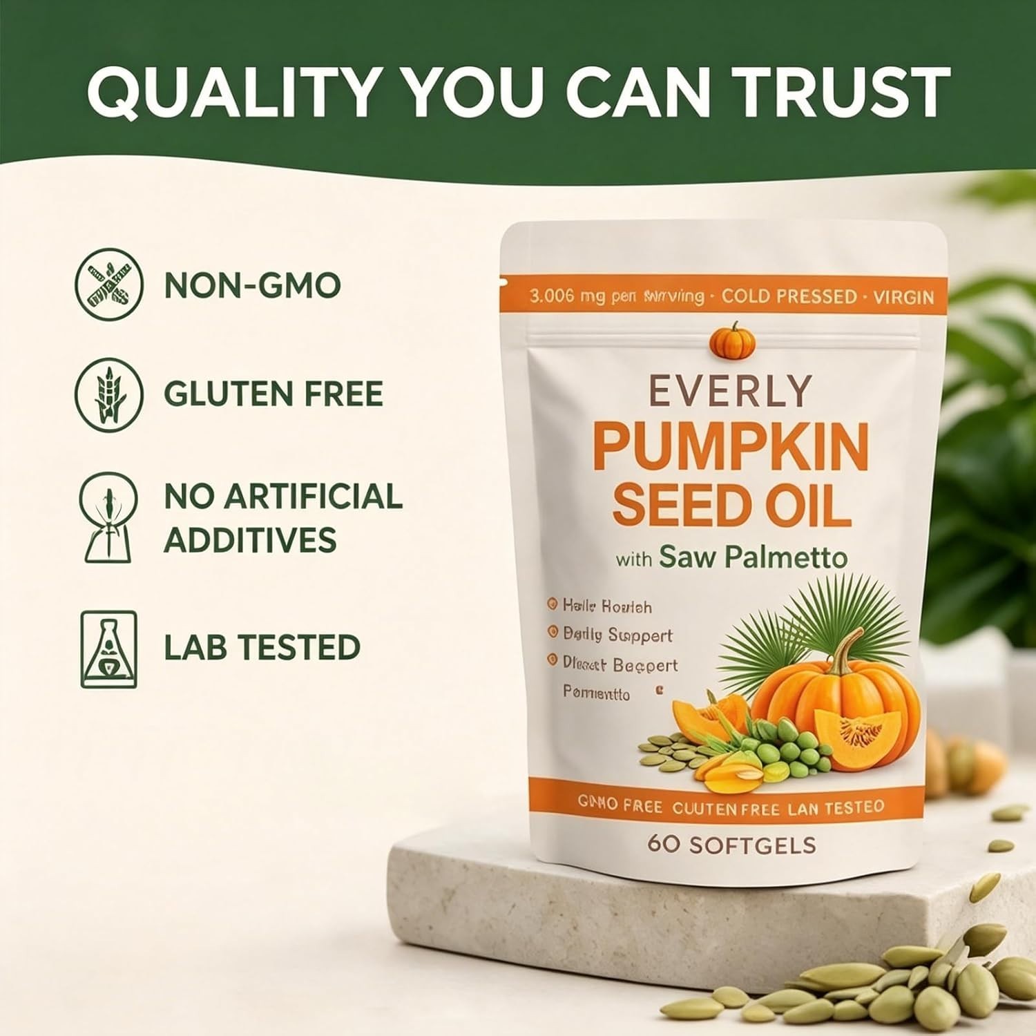 Pumpkin Seed Oil Saw Palmetto Capsules | Hair Prostate Support | 60 Softgels