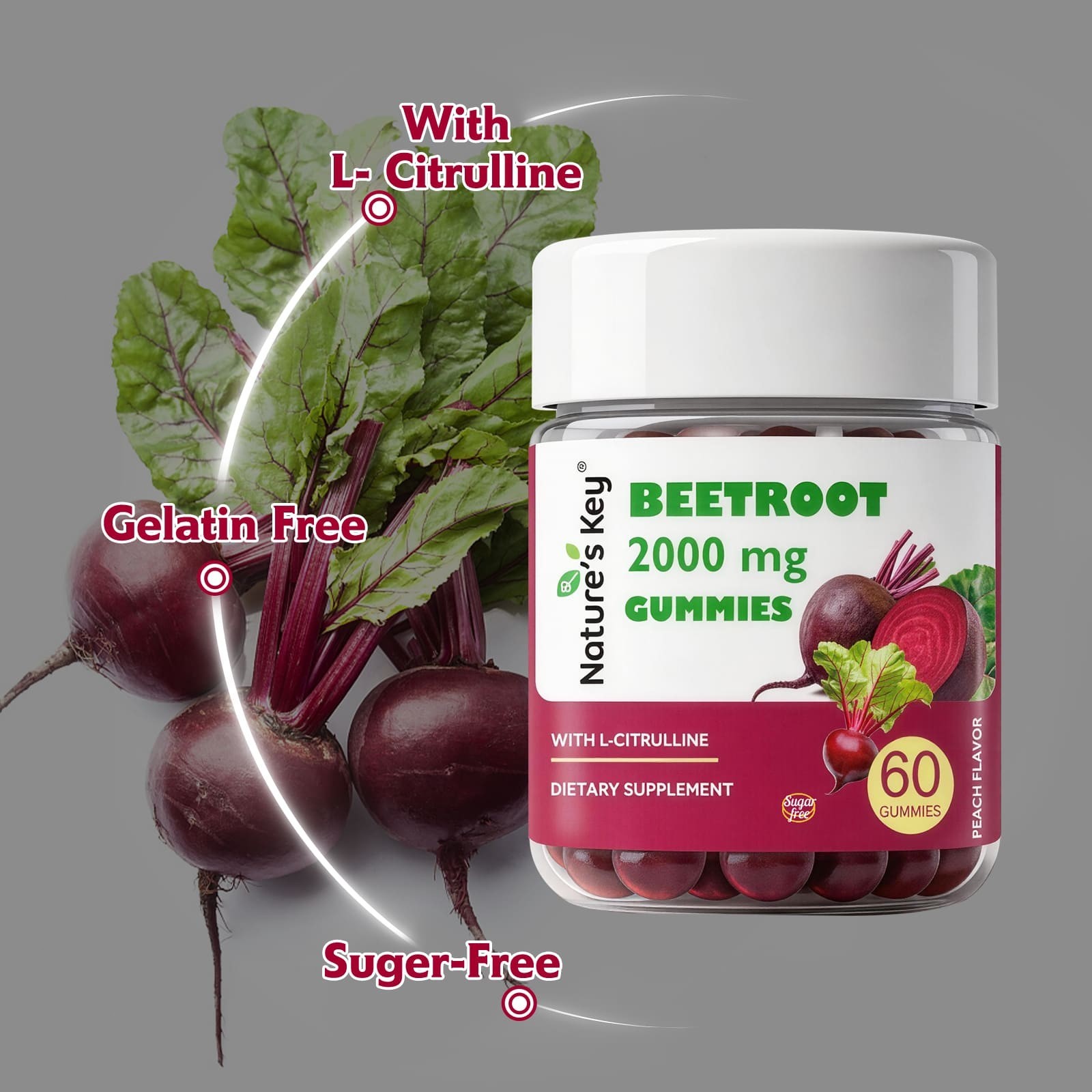 Beet Root Gummies 2000mg Vegan, Non-GMO, and Gluten Free Peach Flavor Sugar-Free