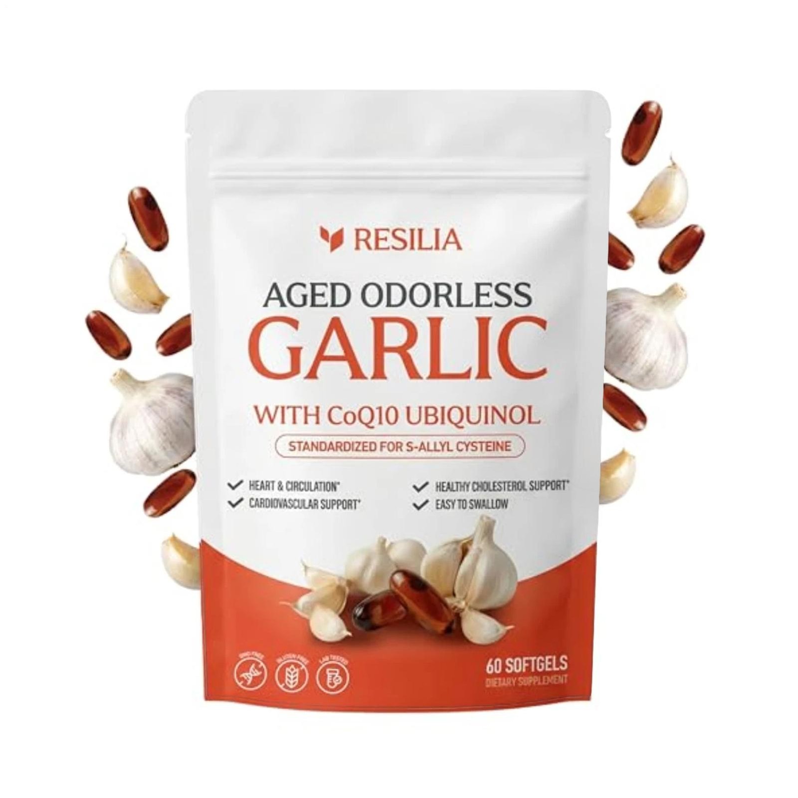 Resilia Garlic Extract 600mg Softgels (60 Count) – Odorless Aged Garlic Extract