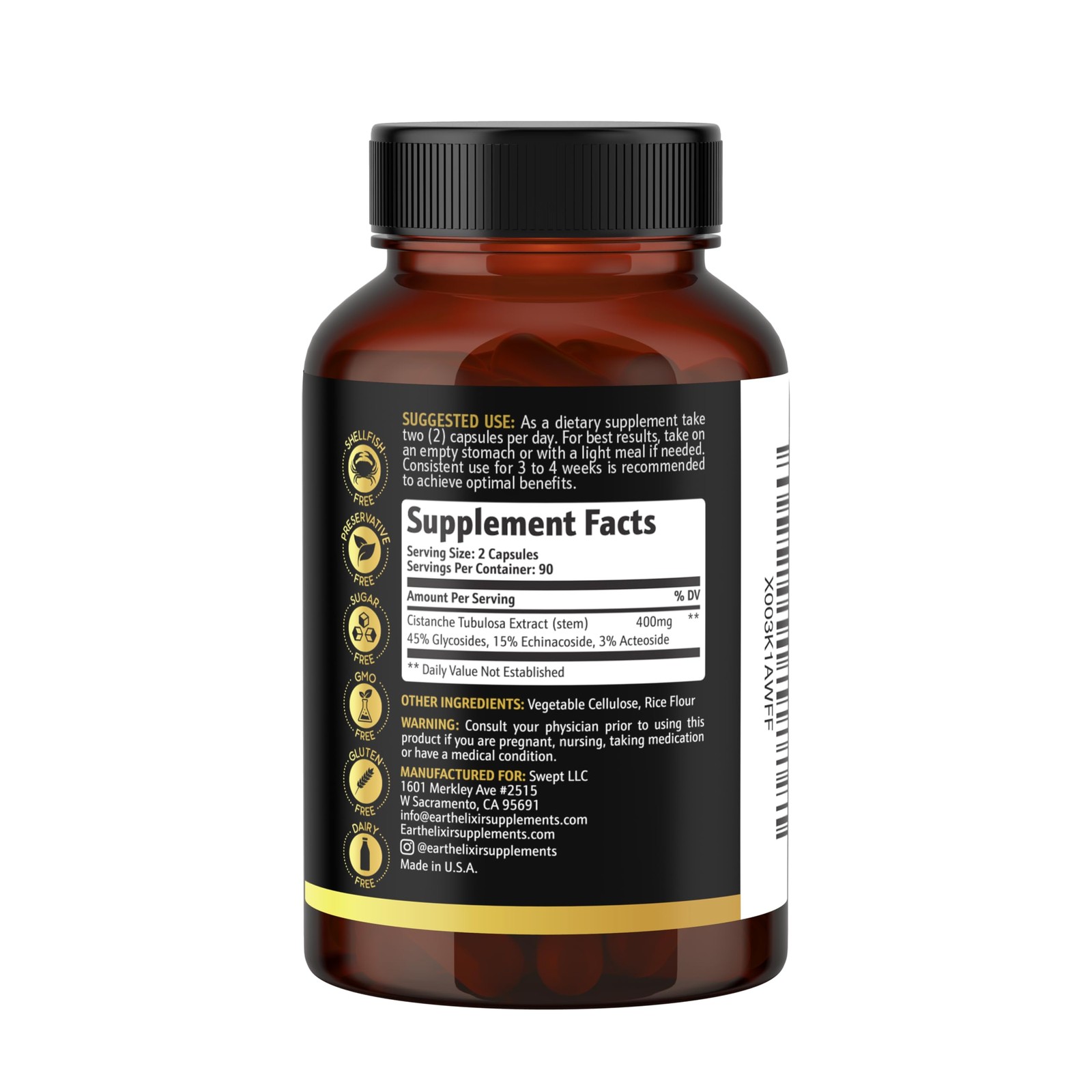 EXP:06/2026 Earth Elixir Cistanche Supplement for Men & Women – Potent Cistanche
