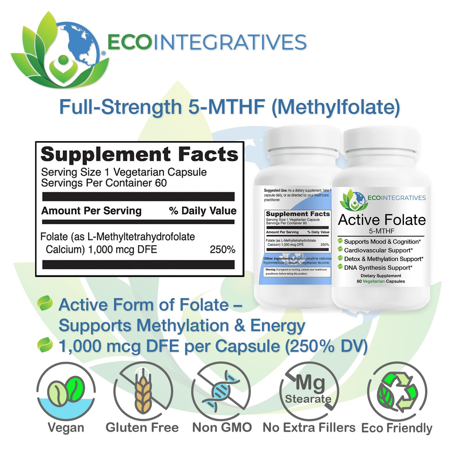 EcoIntegratives Active Folate Methylfolate 5-MTHF – Methylated Folate 1000 mc…