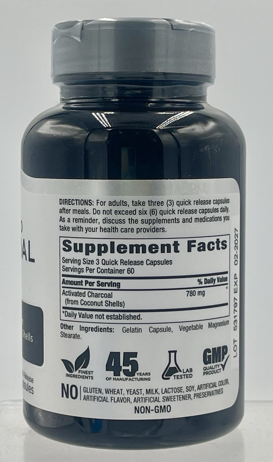 Activated Charcoal 780mg 180 Capsules by Piping Rock EXP 02/2027 Non-GMO