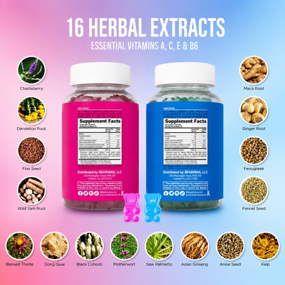 Bearvana Combo Gummy,16Natural Herbs Balance Body&Boost Daily Wellness for Women