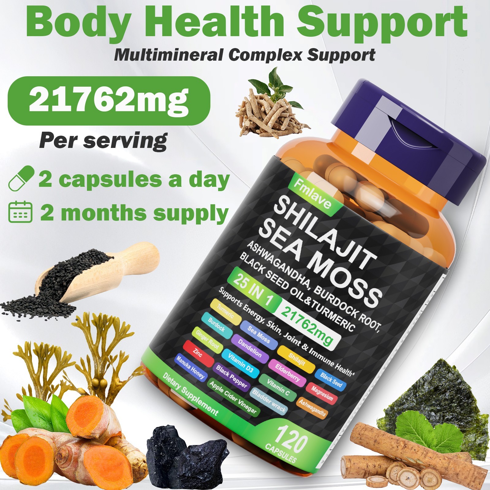 Sea Moss, Black Seed Oil, Ashwagandha, Turmeric Ginger Shilajit Burdock 120 caps