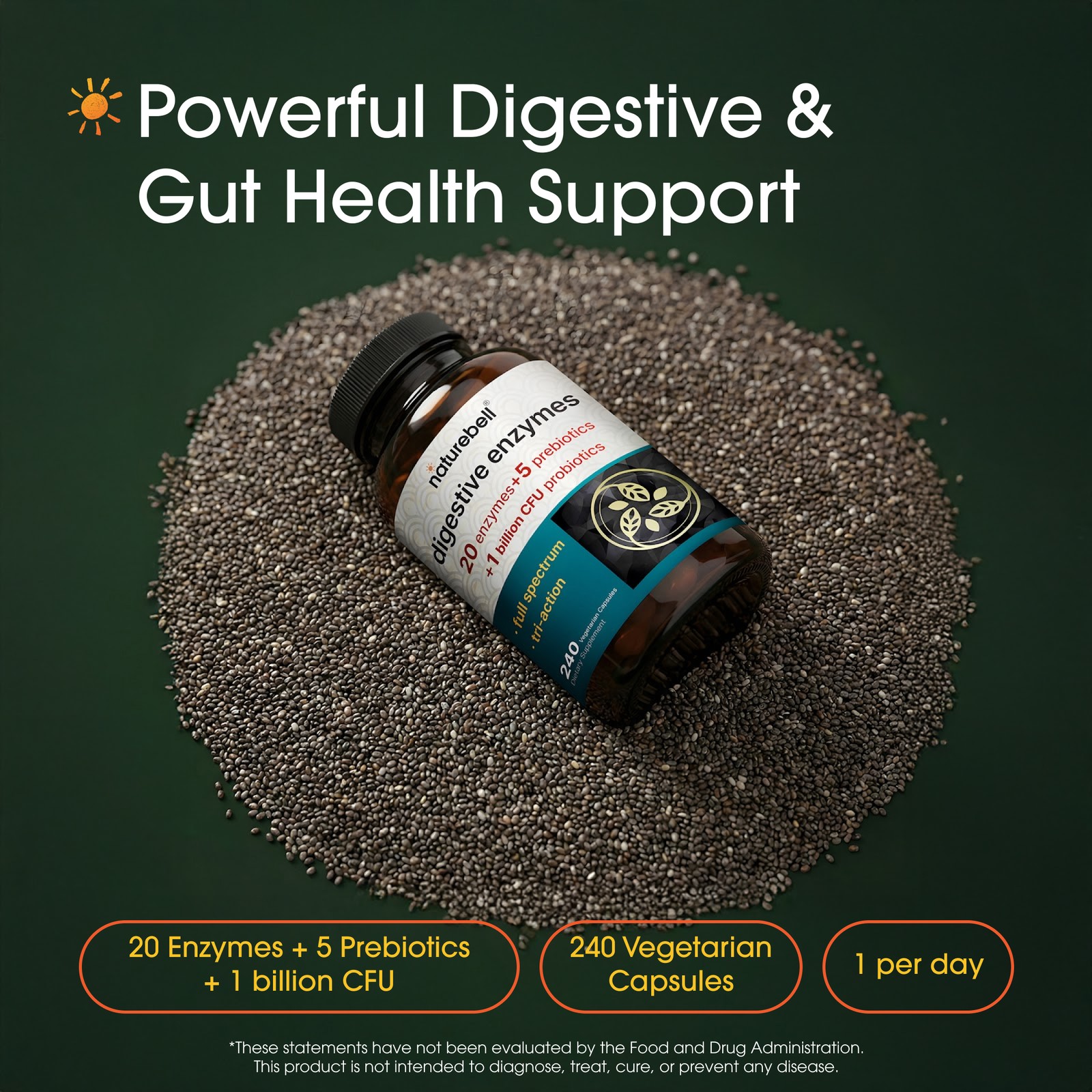 NatureBell Digestive Enzymes 240 Capsules Probiotic Blend – 120 Servings