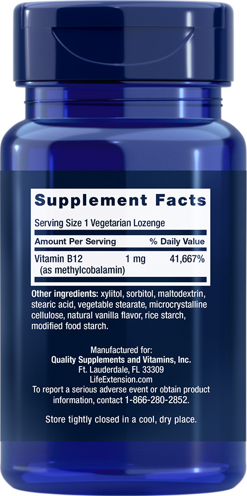 Vitamin B12 1000mcg (Methylcobalamin 1mg) Life Extension 2X60 Lozenges