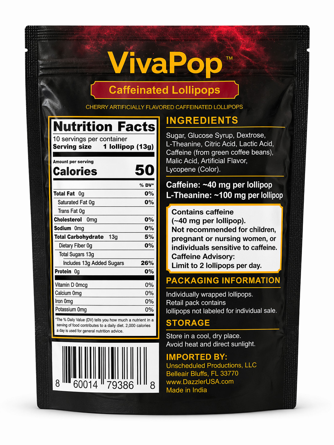 VivaPop Caffeinated Lollipops 40mg Caffeine 100mg L-Theanine 10 Count Energy