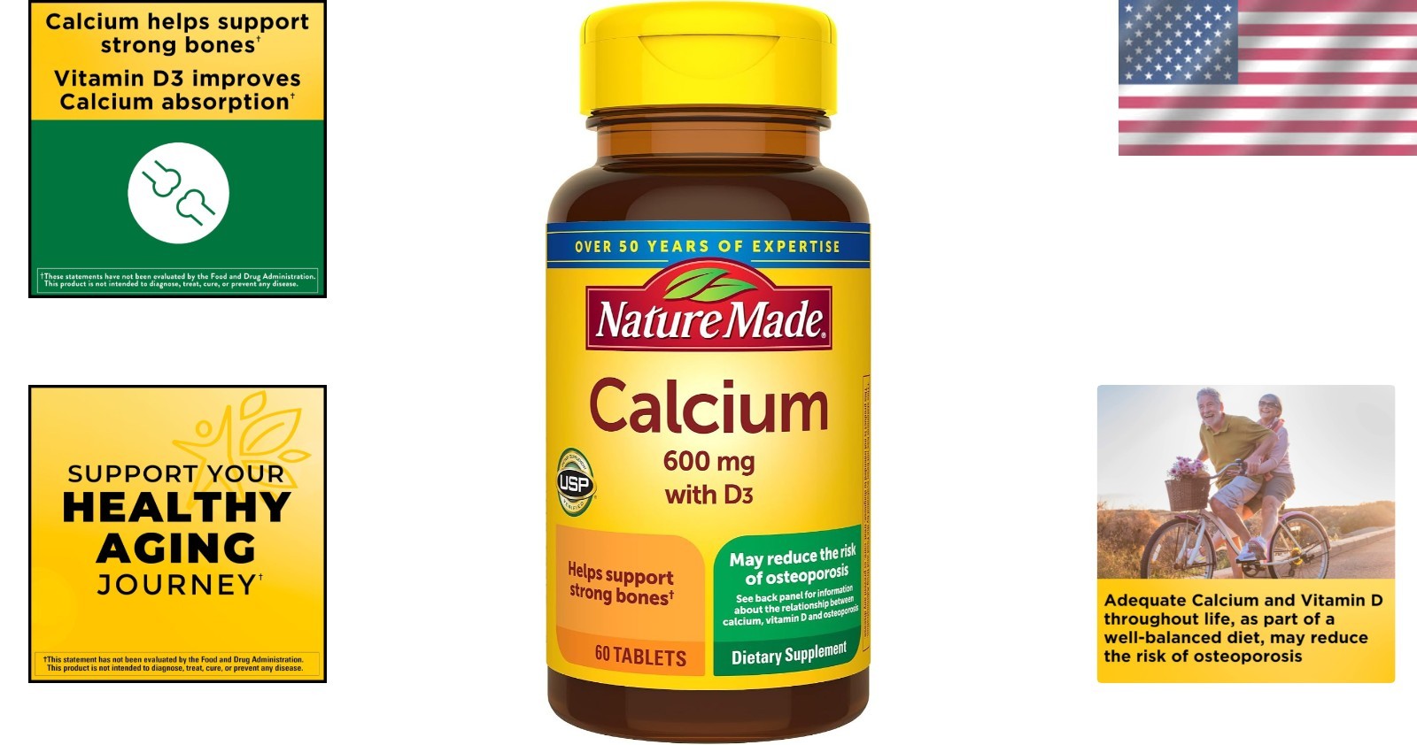 Daily Calcium 600 mg & Vitamin D3 for Strong Bones – 60 Easy-to-Swallow Tablets