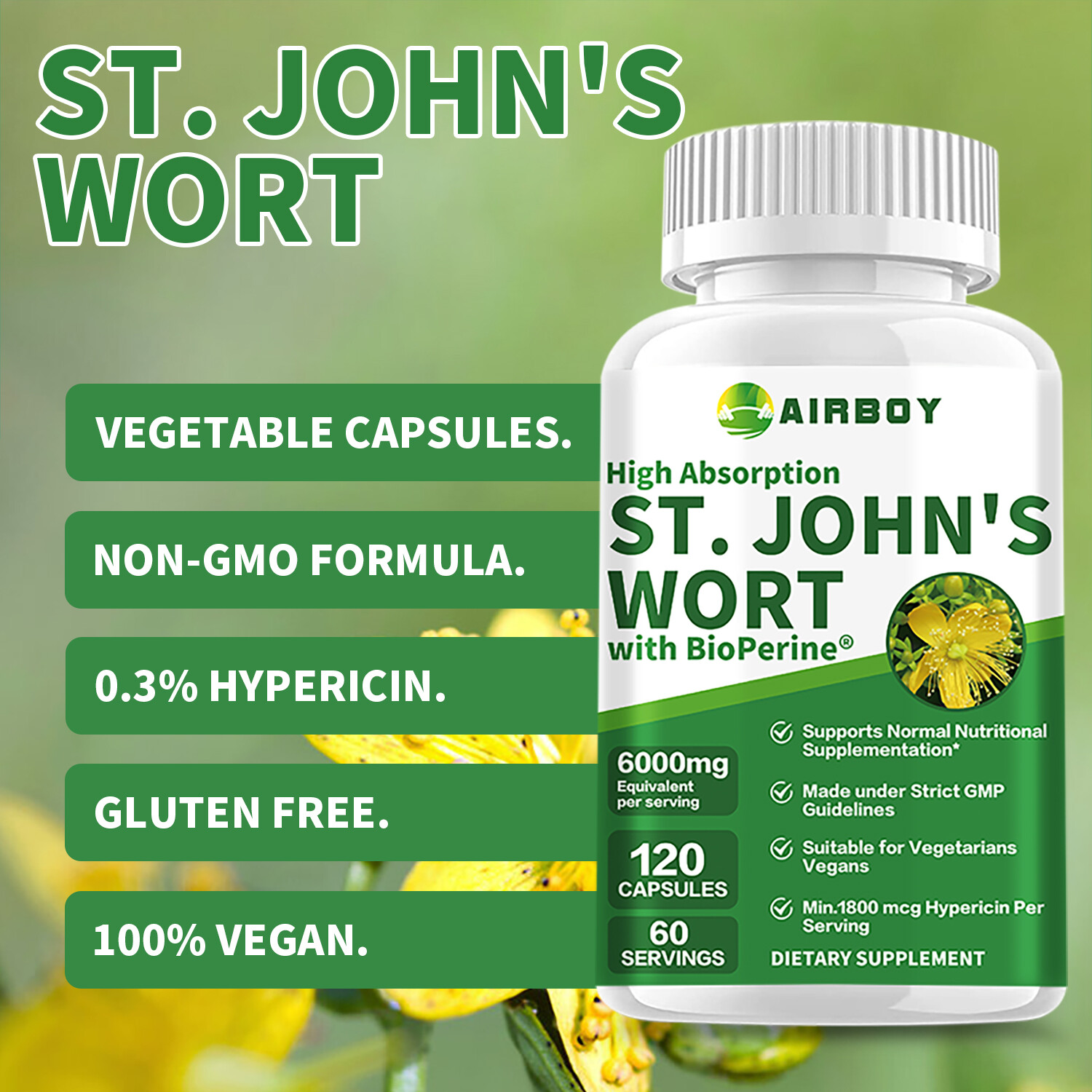 120pcs St. John’s Wort 6000mg – 0.3% Hypericin-Stress Anxiety Depression Relief