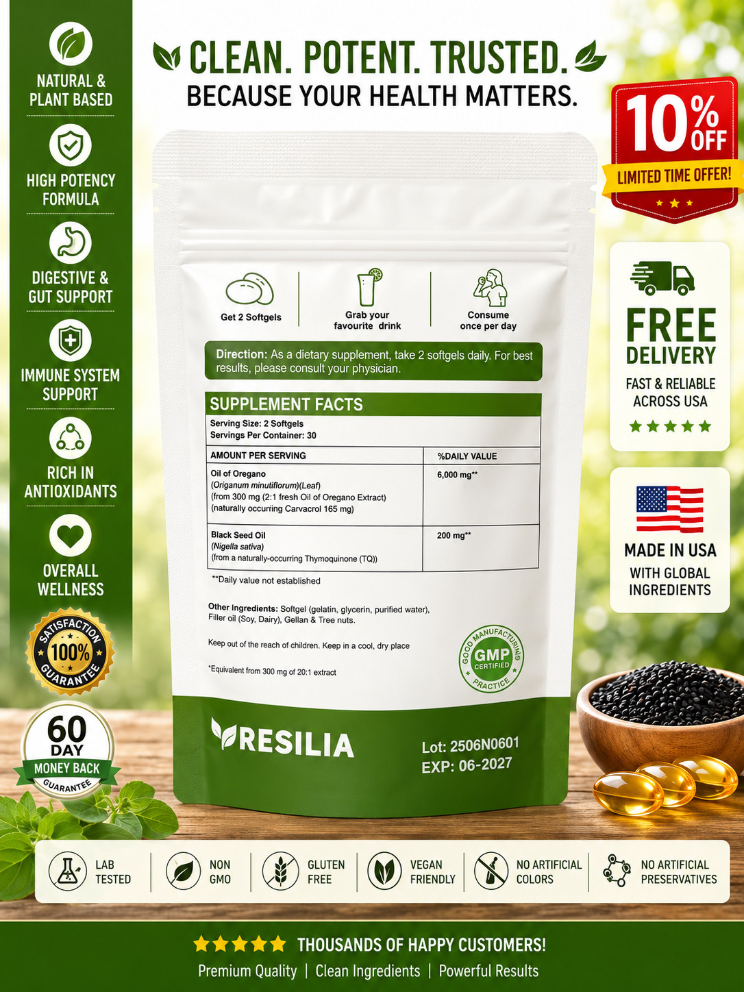 Resilia Oil of Oregano 6000mg with Black Seed Oil Softgels – 60 Capsules 1xPk