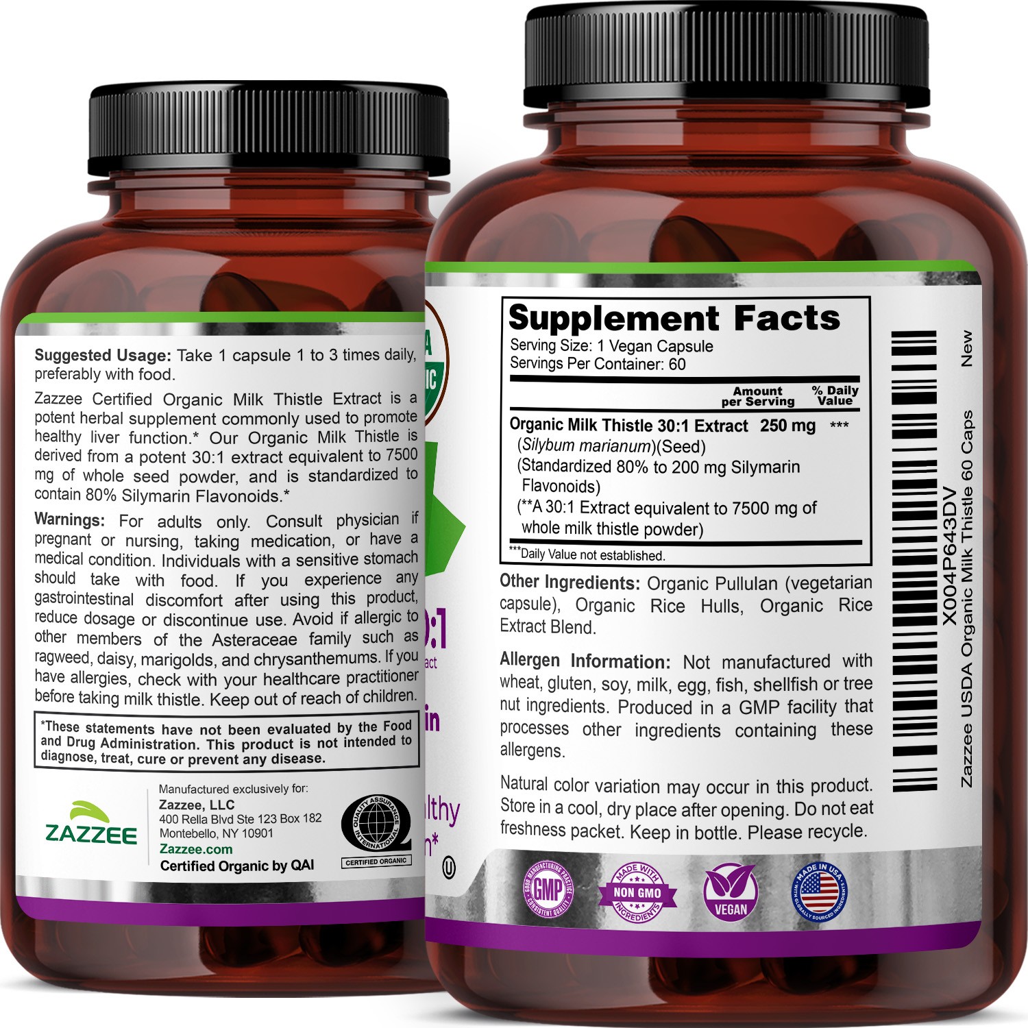USDA Organic Milk Thistle 30:1 Extract, 7500 mg Strength, 60 Vegan Capsules