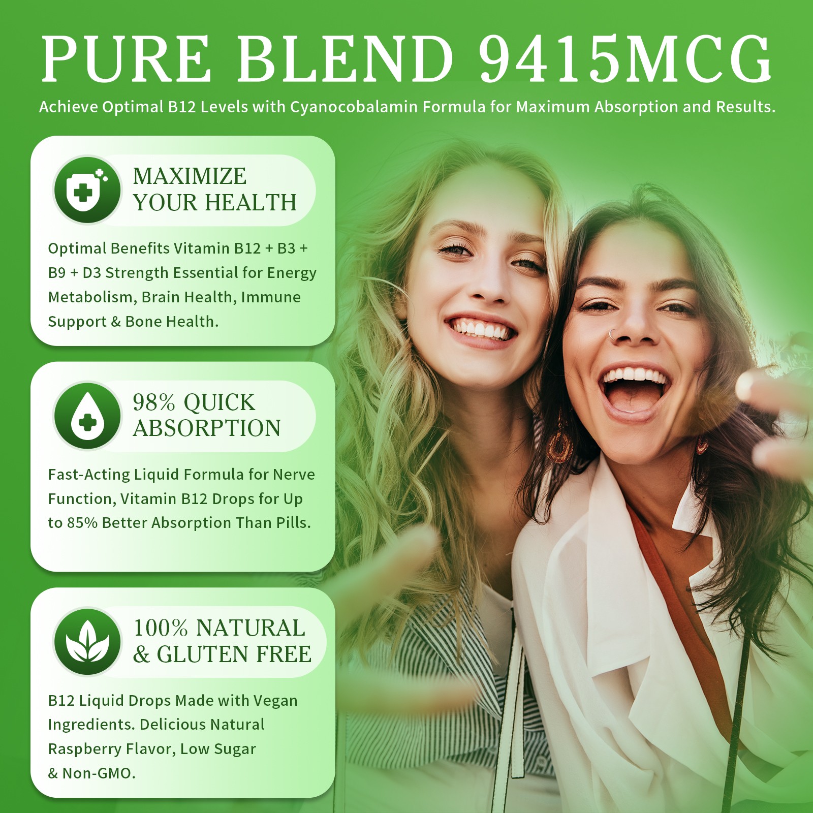 Vitamin B12, 10000 mcg, 3-in-1 Organic Liquid Vitamin B12, 60-Day Supply (60ml)
