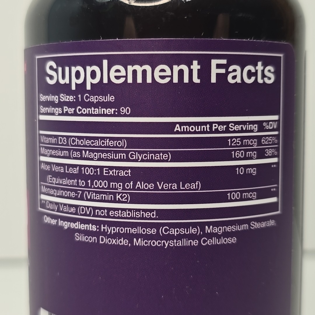 Magnesium Glycinate Complex + Vitamin D3 + K2 + Aloe Vera, 90 Capsules 07/2028