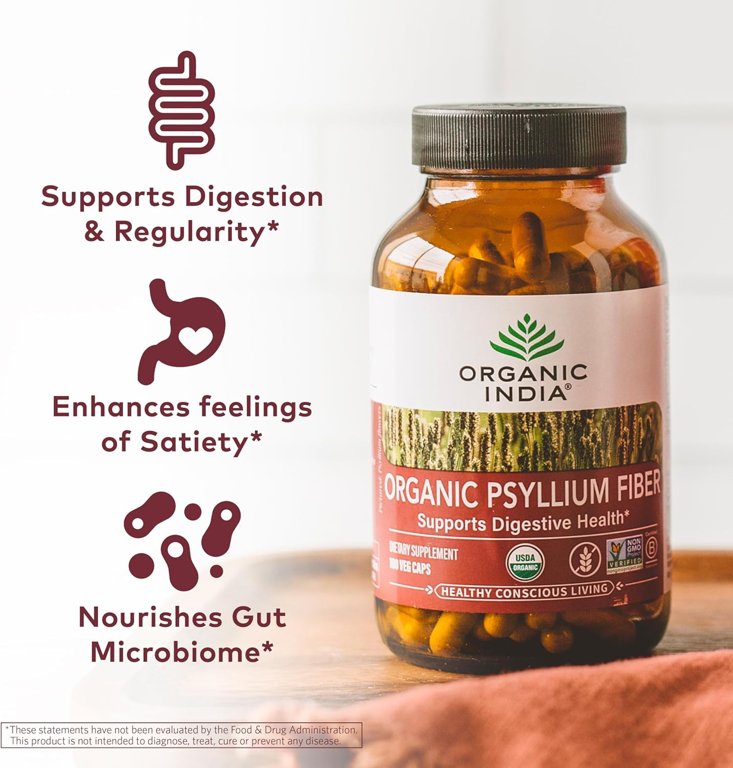 ORGANIC INDIA Psyllium Husk Capsules – Fiber Supplement, Healthy Elimination – V