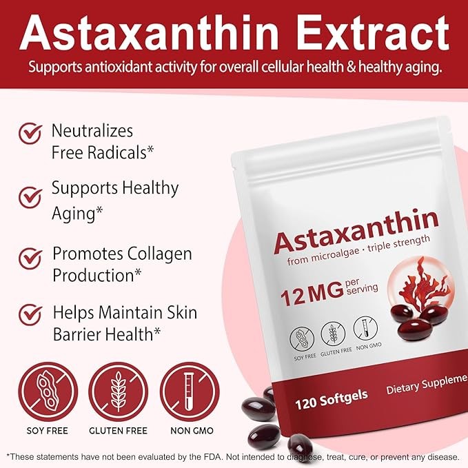 US Tiuedu Astaxanthin 12mg – 120 Softgels Skin Health Enhanced Circulation