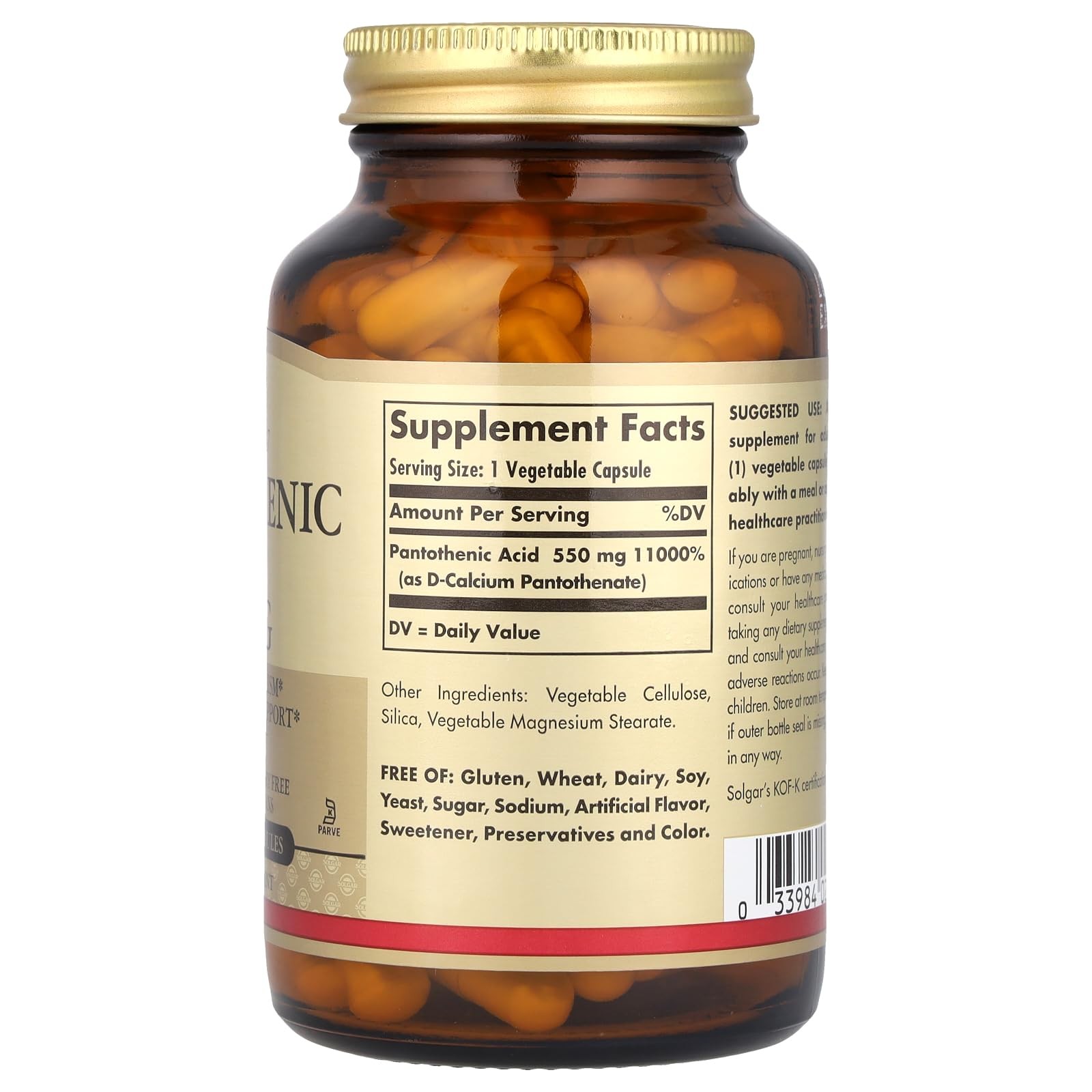 Solgar Pantothenic Acid 550 mg 100 Count (Pack of 1), Standard Packaging
