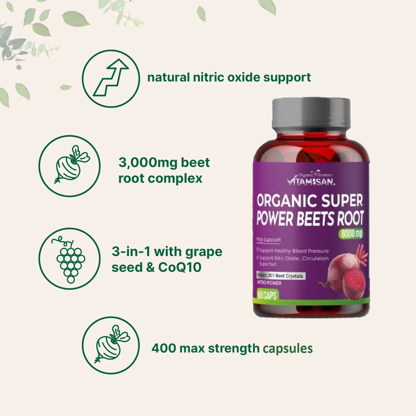 Beet Root Capsules 8000mg- Circulating, Pressure, Energy Support – 60 Capsules