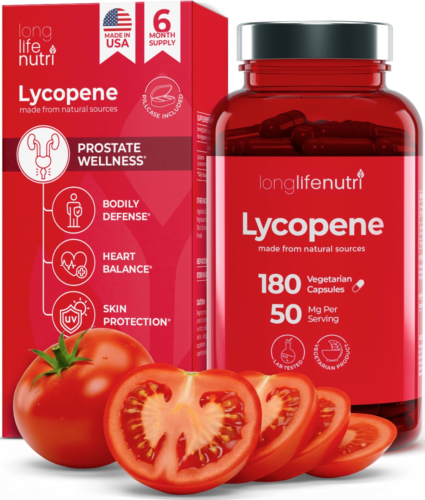 LongLifeNutri Lycopene 50mg, Natural Tomato Extract, 180 Veg Capsules