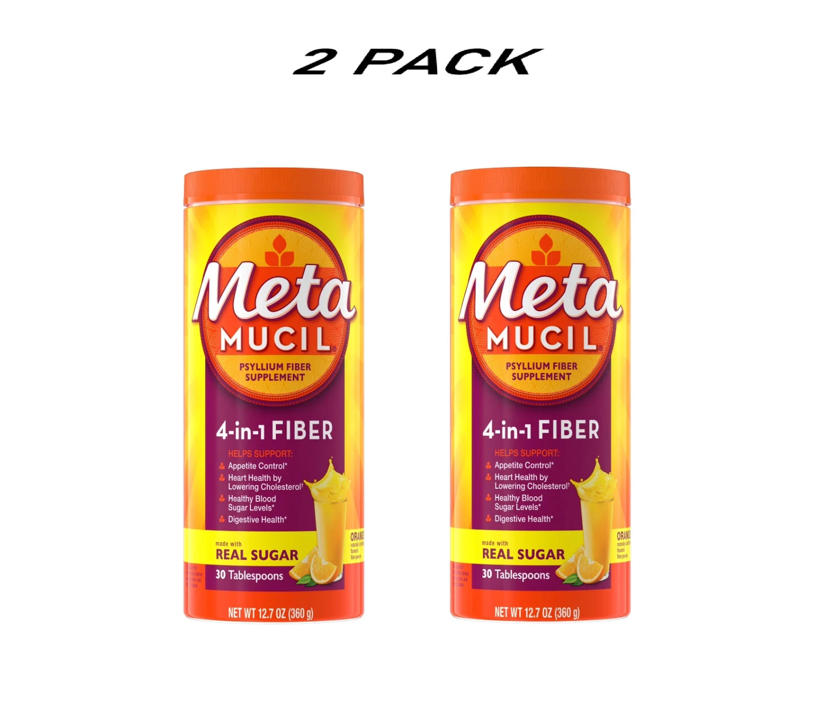 (2 PACK) Metamucil 4-in-1 Psyllium Fiber Supplement, Real Sugar Orange, 30 Tbsp.