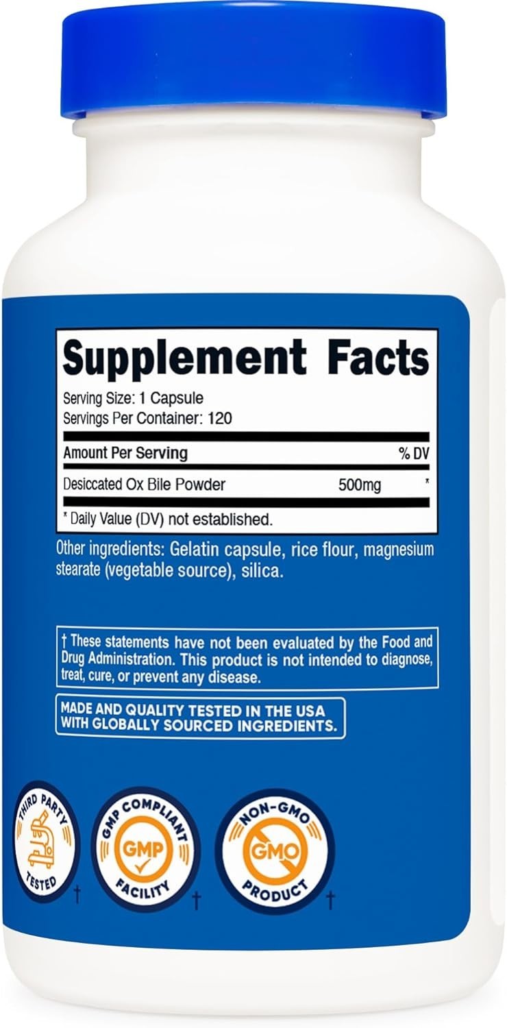 Gluten Free Ox Bile Capsules – 500mg Strength, 120 Servings for Daily Use