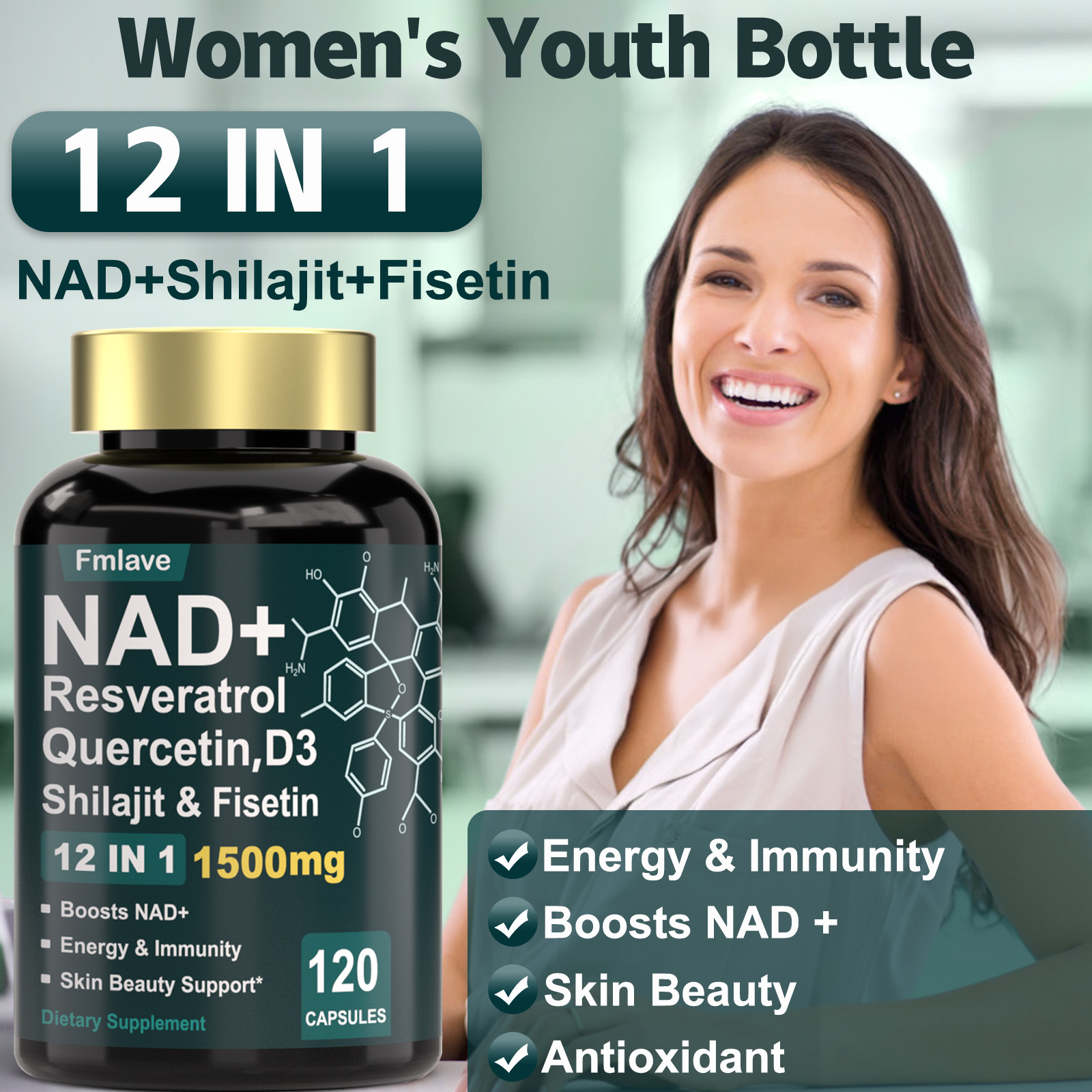 NAD+ Supplement 1500mg with Resveratrol | Cellular Health & Energy | 120 Caps US