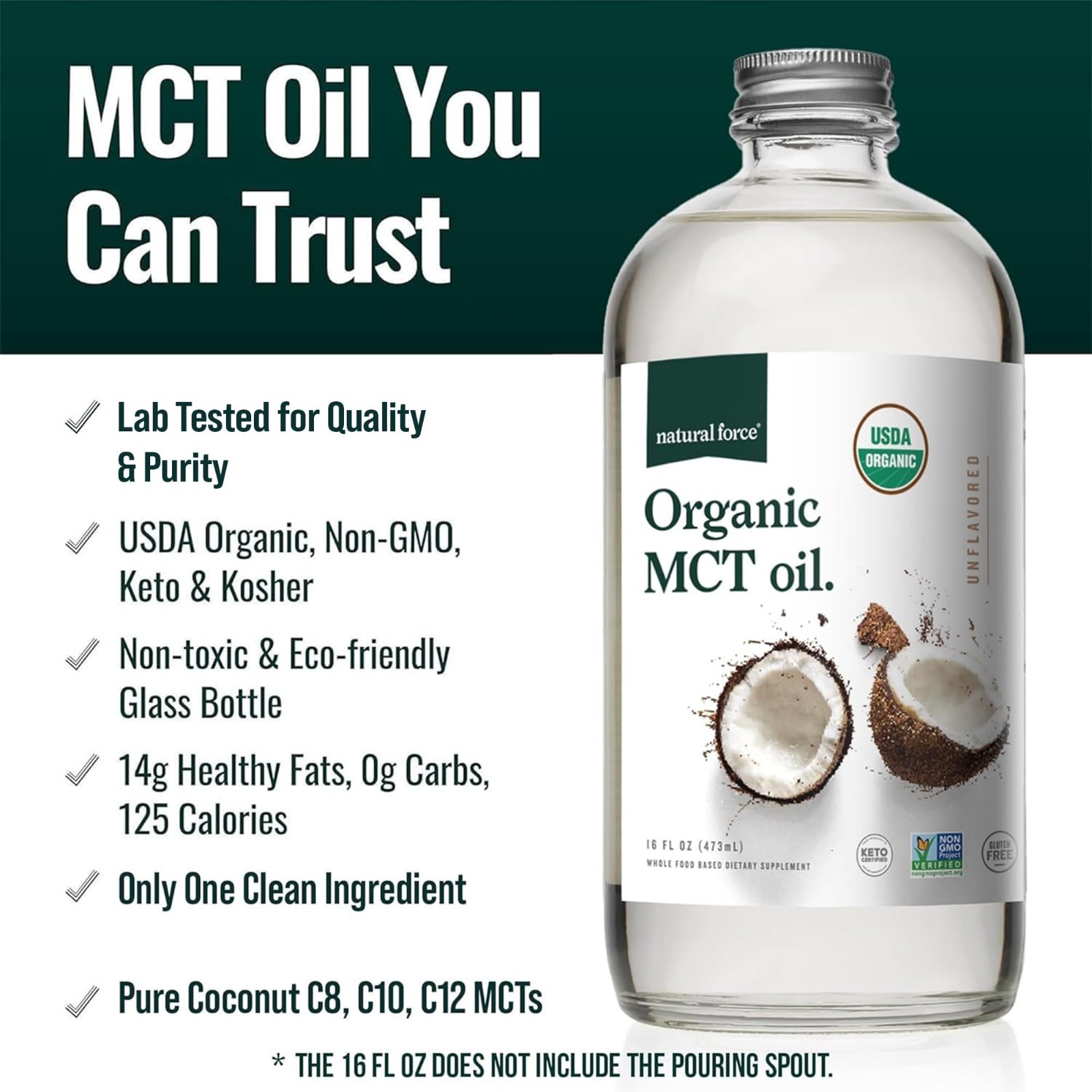 Organic MCT Oil – 100% Virgin Coconut Oil, Keto, Paleo, Vegan, Non-GMO, 16 oz