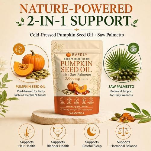 Everly Pumpkin Seed Oil with Saw Palme tto, 180 Softgels, Cold Pressed Pumpkin
