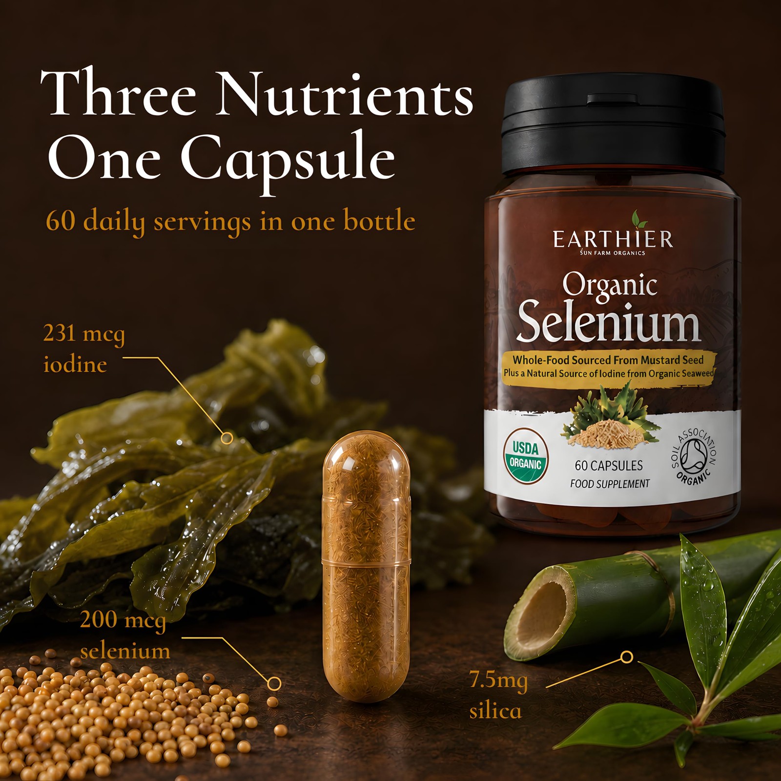 Organic Selenium 200 mcg with Iodine and Silica All from Certified Organic Whole