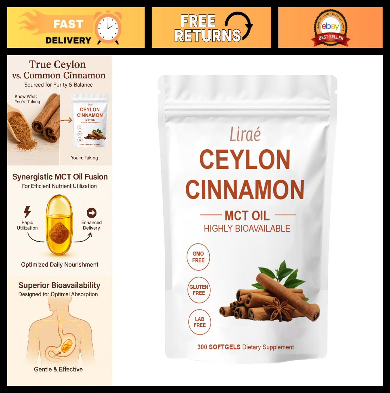 Ceylon Cinnamon Softgels with MCT Oil – 300 Non-GMO, Gluten-Free, Easy to Swallo